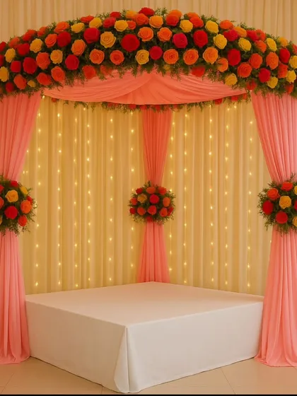 Perfect for home celebrations, this mandap design uses a floral arch, soft drapes, and warm lighting to create a beautiful and intimate space.