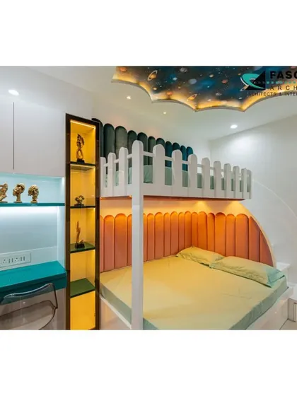 We believe children's rooms should inspire imagination. For this Seawoods project, we created a custom bunk bed with integrated shelving and a unique galaxy-themed ceiling. The design is playful yet practical, providing a comfortable space for both sleep and study.