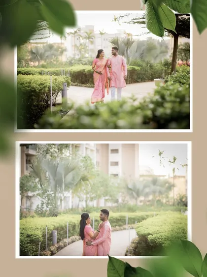 A couple enjoys a walk through a lush garden during their pre-wedding or engagement shoot.