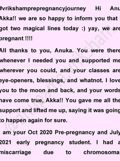 The beginning of a message from a student who is now pregnant after a miscarriage. She says my classes are eye-openers and blessings.