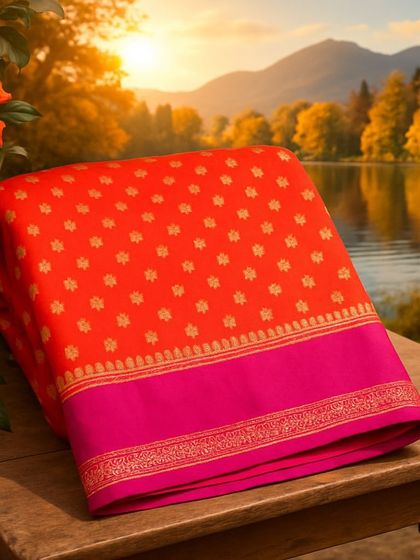 A beautiful shot of our red Bentex Banaras saree, set against a scenic background.