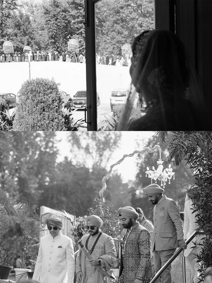 A black and white documentary-style collage showing the bride watching the baraat's arrival and the groom's procession, building the anticipation of the day.