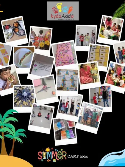 A heart-shaped collage celebrating the memories made during our 2024 summer camp. It features snapshots of kids engaged in cooking, art, yoga, and receiving their completion certificates.