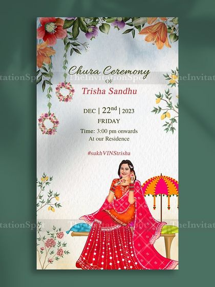A vibrant Chura Ceremony invite for a gorgeous bride. This static card features a beautiful custom illustration of the bride in her traditional red lehenga, capturing a special moment before the wedding.
