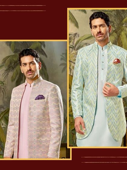 Elegant ensembles for the modern couple. This campaign image features two distinct jacket styles for men, one in a soft lavender and the other in a fresh mint green.