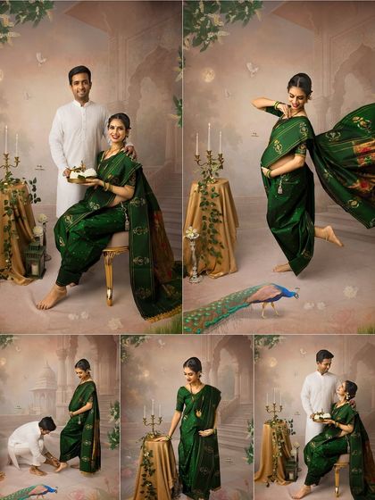 A collage celebrating the beauty of a traditional maternity photoshoot. The mother-to-be is captured in various graceful poses in a stunning green saree.