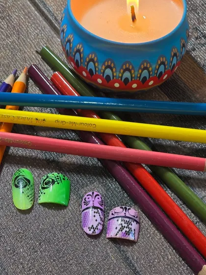 My students are trained to create stunning coordinated sets for hands and feet, like these neon and lace pattern designs.