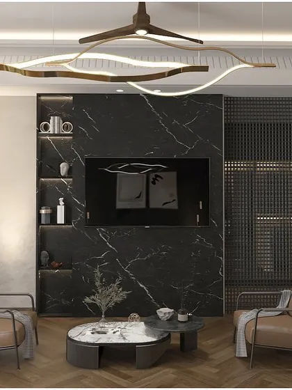 Here, I mastered the art of texture in a moody bedroom. Parquet wood floors, a black marble TV wall, and perforated screens weave an enchanting tale within a neutral and dark palette.