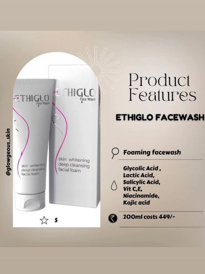 The Ethiglo Facewash is a foaming cleanser formulated with a blend of exfoliating acids like Glycolic, Lactic, and Kojic acid, along with Vitamin C and Niacinamide. It's designed to deep clean, brighten the skin, and reduce pigmentation.