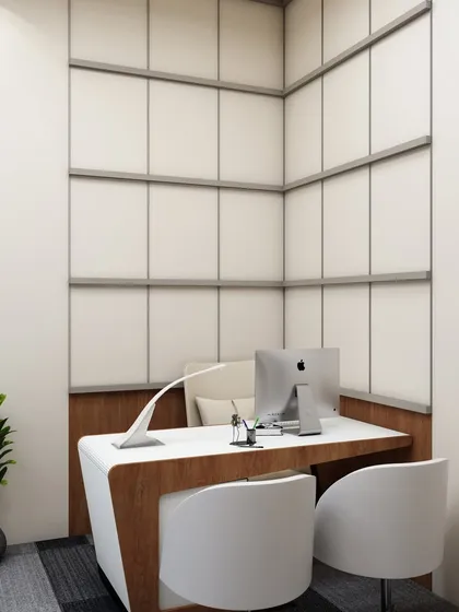 This render details a compact, built-in desk nook. 3D visualization is perfect for planning small or tricky spaces to ensure every inch is used effectively.