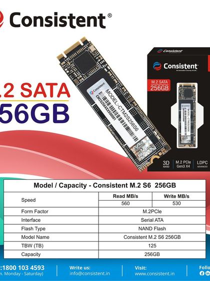 A detailed look at our 256GB M.2 SATA SSD, showing its technical specifications. With 560/530 MB/s speeds and a 125 TBW endurance rating, it's a durable and fast storage solution.