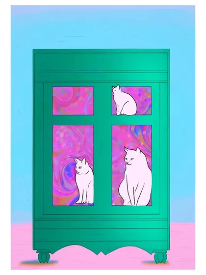 I'm always trying to learn new art styles. This was an experiment in creating a surreal illustration of cats in a cupboard, where the world outside the windows is a swirl of psychedelic color.