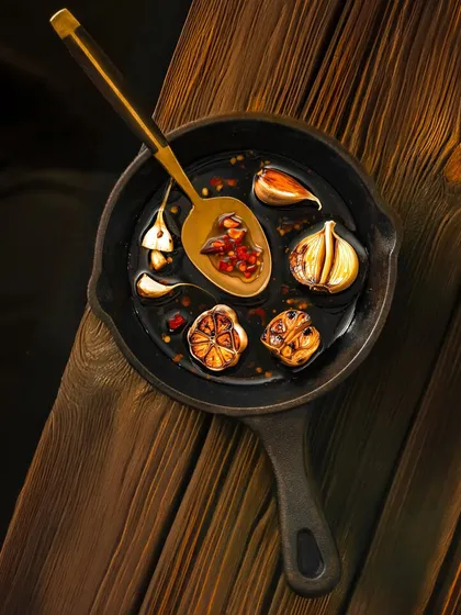A dramatic, artistic shot of roasted garlic and chili oil in a cast-iron pan. The dark background and top-down lighting make the ingredients look bold and flavorful.