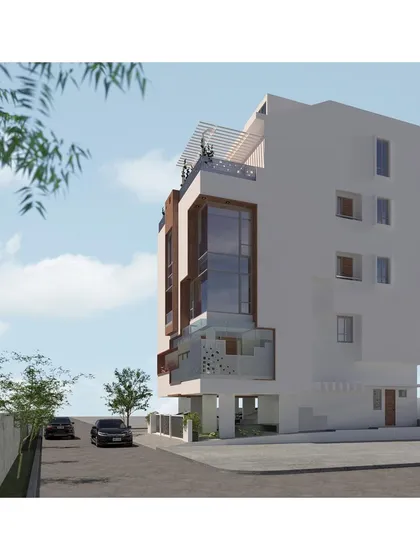 A 3D render of the proposed Tiwari Residence in Bangalore. This design integrates Vaastu principles within a contemporary framework, featuring a prominent glass section and a rooftop terrace.