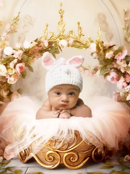 Another take on the royal theme, with a baby in a bunny hat resting in a golden prop surrounded by a floral arch.