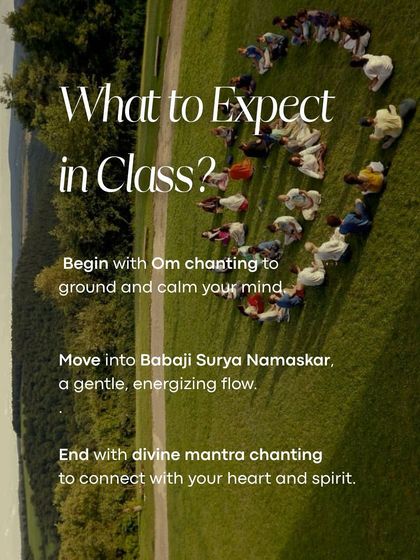 An informational graphic detailing what to expect in our Divine Flow workshop. The session begins with Om chanting, moves into a gentle Surya Namaskar, and ends with mantra chanting to connect with spirit.