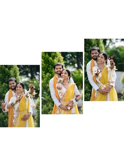 A playful collage of the couple posing for the camera on their Haldi day. Their fun and energetic poses capture the celebratory mood perfectly.