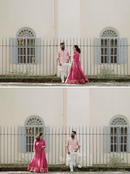 A diptych of the couple in front of a building with classic arched windows, capturing their stylish and romantic vibe.