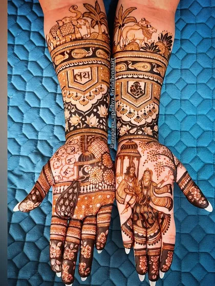 This bride's engagement mehandi was inspired by her lehenga. I incorporated its cow and Pichwai theme, along with other aesthetic symbols, to create a cohesive and deeply personal design.