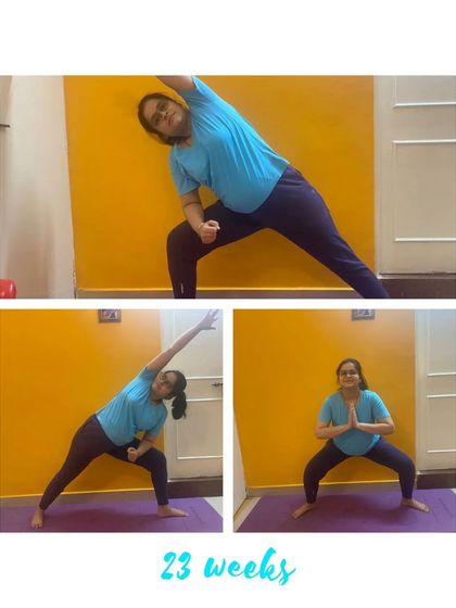 A collage of poses at 23 weeks, showing gentle bends and lunges to keep the body moving.