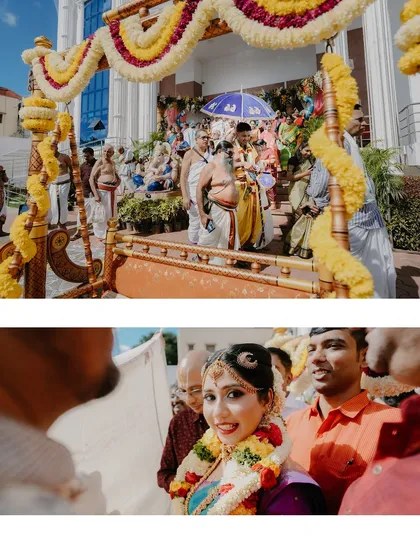 The bride's joyful entrance and the Oonjal (swing) ceremony. These are vibrant and happy moments that I love to capture during a South Indian wedding.