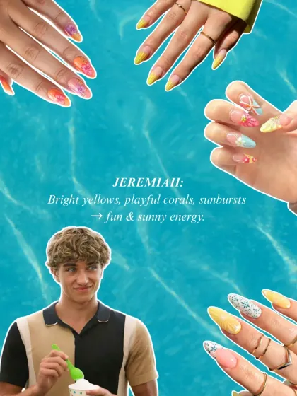 Bringing Jeremiah's fun and sunny energy to your nails. This set is all about bright yellows, playful corals, and sunburst designs for a vibrant summer look.