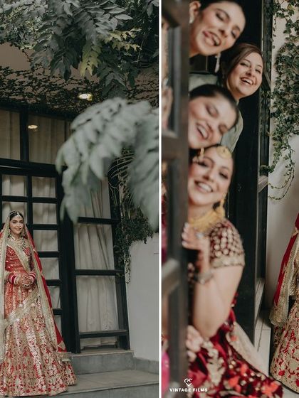 A diptych showing bride Ashmeet with her bridesmaids. The playful peeking through the window and the happy outdoor shot perfectly capture the fun and supportive spirit of the bride tribe.