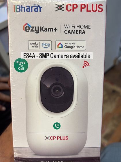 The packaging for the CP Plus EzyKam+ Wi-Fi Home Camera. This 3MP model is compatible with Alexa and Google Home for easy voice control.