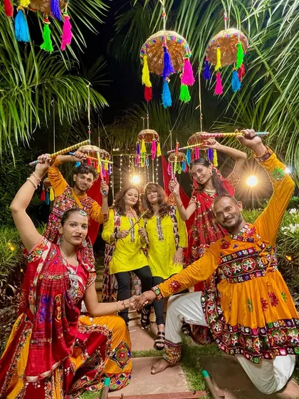 Posing with the talented dancers from our Garba music video shoot. The vibrant colors and joyful energy perfectly represent the spirit of Navratri.