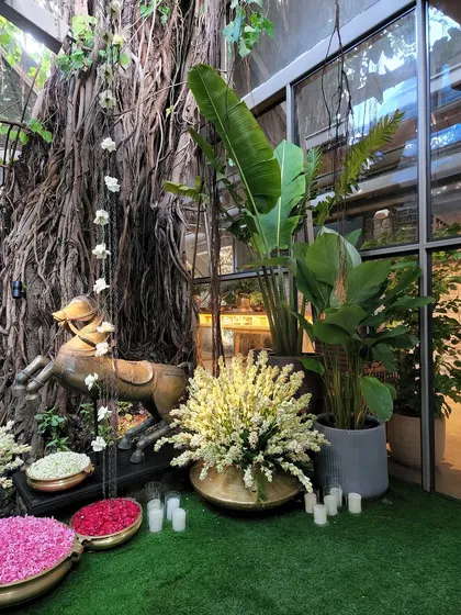 We transformed a space into a wild, magical forest for the pre-wedding bash of designers Arpita Mehta and Kunal Rawal. Here, you can see how we used the venue's incredible banyan tree as a natural centerpiece, surrounding it with tall Birds of Paradise plants and bowls of fresh flower petals to create a truly dreamy entrance.