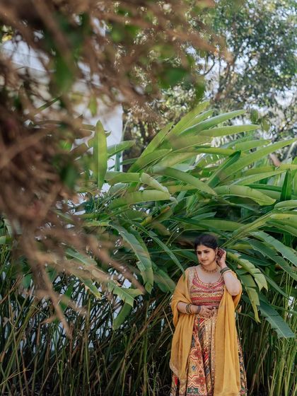 A collection of portraits from a beautiful Haldi photoshoot. I coordinate with the photo team to capture a variety of shots, from romantic close-ups and playful kisses to stylish individual portraits, all within a cohesive, sun-drenched theme.