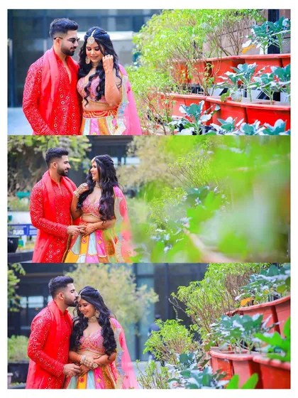 A collage capturing the colorful and lively moments of a Mehendi ceremony. From the couple's coordinated, multi-colored outfits to their joyful interactions, we document the festive atmosphere.