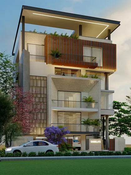 This modern facade design is a composition of volumes and voids. We used vertical fins, recessed balconies with glass railings, and textured surfaces to create architectural rhythm and depth.