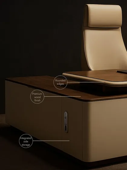 Our modular designs adapt to your needs. This image highlights the integrated side storage, premium wood finish, and rounded edges of an executive workstation, showing how we combine practicality with high-end design.