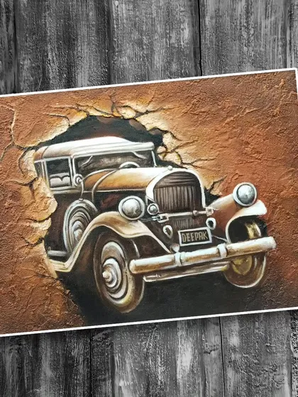 A unique 3D-effect acrylic painting of a vintage car breaking through a textured wall. This piece combines painting with relief techniques to create a dynamic and visually interesting artwork.