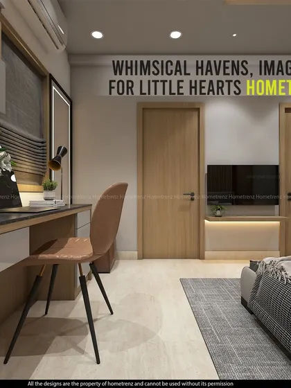 Whimsical havens, imagined for little hearts. This guest or kid's bedroom features a built-in desk and a simple, clean design, making it a versatile and functional space.