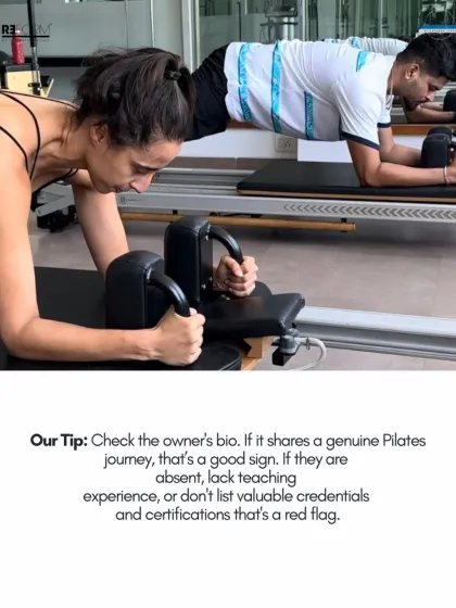 Our tip for finding a great studio: check the owner's bio. A genuine Pilates journey, teaching experience, and valuable certifications are signs of quality and authenticity.