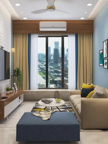 This concept for a compact living room uses a light color palette, a brick-textured wall, and a large window to maximize light and space. 3D renders like this help in planning furniture placement perfectly.