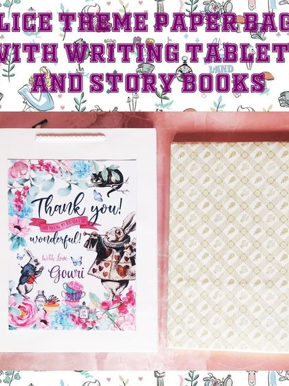 For an "Alice in Wonderland" themed party, I created these gift sets featuring Sudha Murty storybooks and LCD writing tablets, packed in a themed bag.
