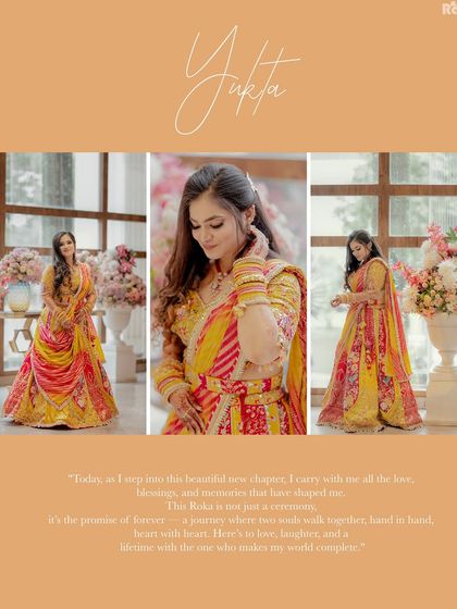 A vibrant collage celebrating the bride's colorful lehenga for her Roka ceremony. The different angles showcase the beauty of her outfit and her joyful expressions.