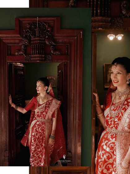 A collage showing the bride in a magnificent red saree, peeking out from behind a traditional wooden door.