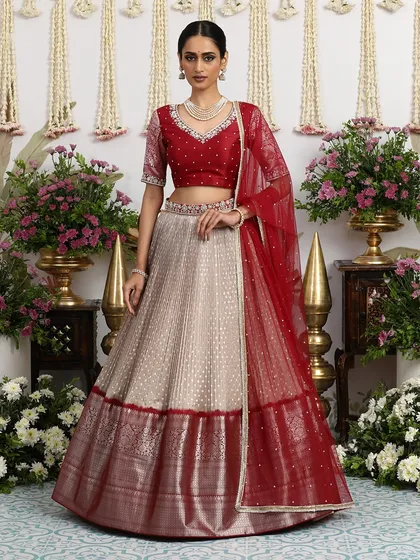 The full view of the maroon and beige lehenga, a timeless and elegant choice for intimate weddings and festive soirées.
