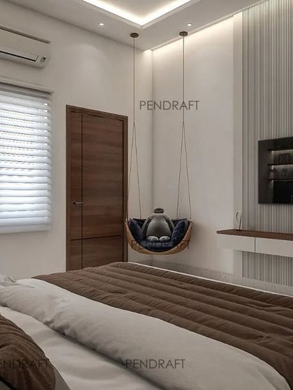 A view from the bed, showing the floating TV unit and a fun, suspended swing chair, creating a perfect corner for reading and relaxing.