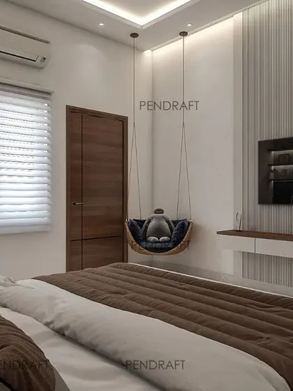 A view from the bed, showing the floating TV unit and a fun, suspended swing chair, creating a perfect corner for reading and relaxing.