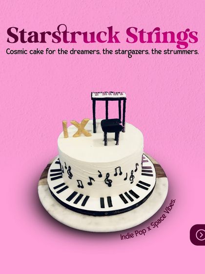 For the dreamers and the stargazers. This "Starstruck Strings" cake with a piano theme is a beautiful tribute to the love of music, perfect for any aspiring musician.