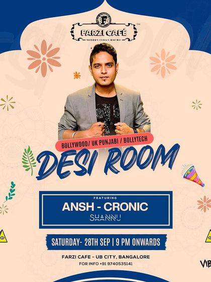 The flyer for 'Desi Room' at Farzi Cafe in UB City, bringing Bollywood and UK Punjabi beats to a premium venue.