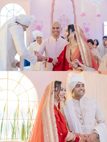 A collage of two moments: the groom taking the bride's hand, and the couple smiling together during their ceremony.