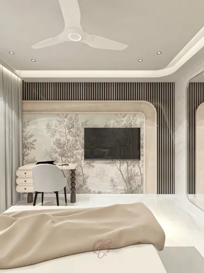This 3D render showcases a bedroom design that blends nature-inspired wallpaper with contemporary fluted panels and a large, frameless mirror to create a serene and harmonious space.