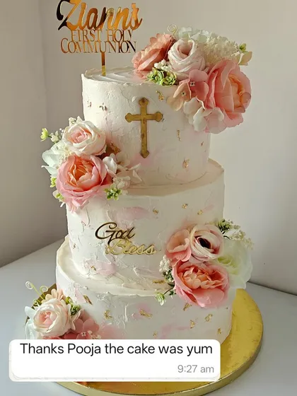 The client's feedback on the First Holy Communion cake was simple and sweet: "the cake was yum." A beautiful cake must always be delicious.