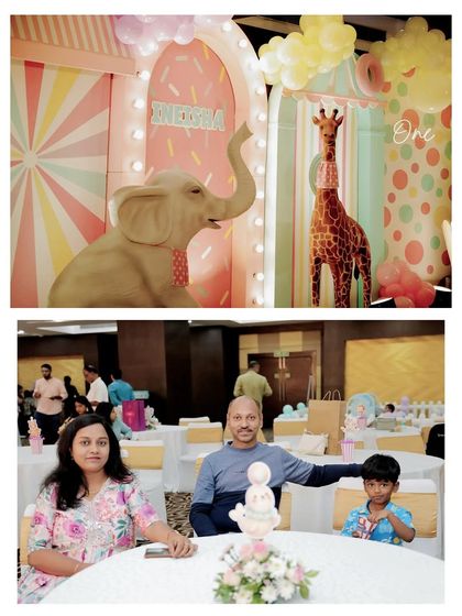 A collage showing a wide shot of a pastel carnival theme and a family enjoying the celebration at their decorated table.